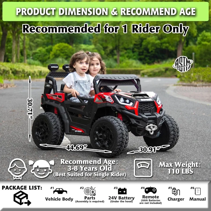 24V Kids Ride On Car with Remote Control Battery Powered 4 Wheeler 2x2/4x4 Motorized Ride On UTV Ride On Toys for Boys Girls, EV