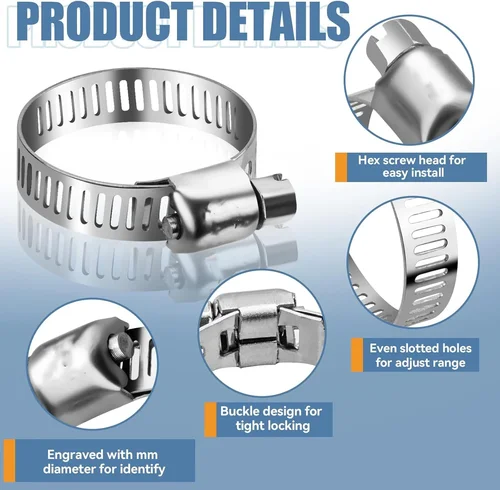 Imagen 2 del producto Kit surtido de abrazaderas de manguera de acero inoxidable, abrazaderas de manguera de línea de combustible de Metal ajustables con destornillador para fontanería automotriz, 100 Uds.
