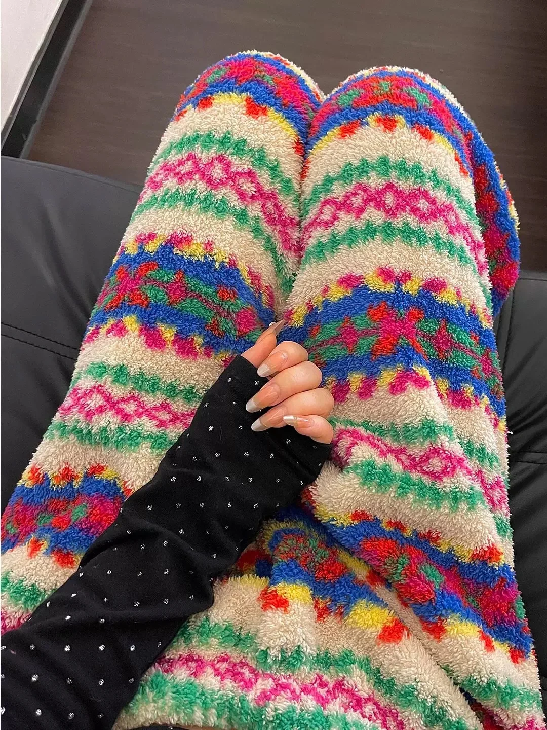 Christmas Fair Isle Thick Rice Grain Fleece Pants Women's Loose Cute Lounge Trousers Cozy Homewear Comfy Casual Pants for Winter
