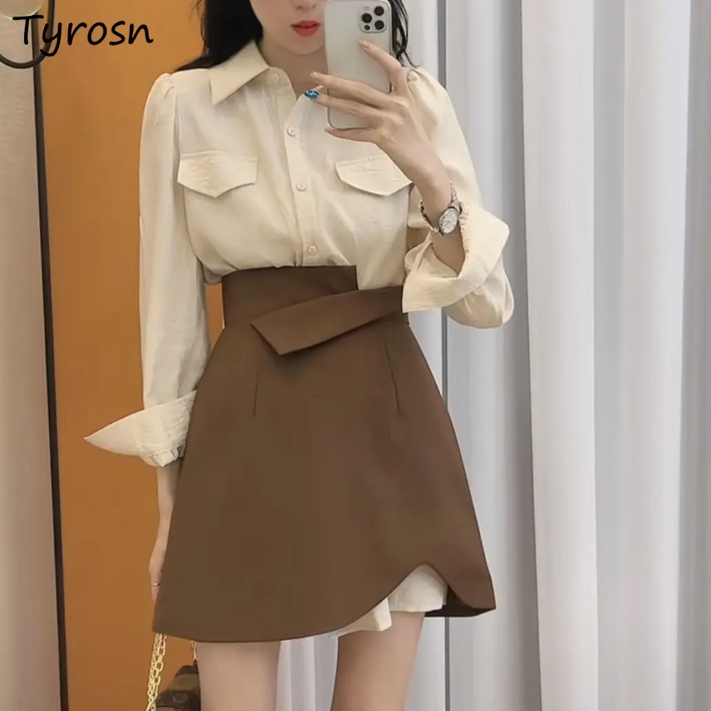 Sets Women Design Asymmetrical Mini Skirts Elegant Retro High Street Harajuku Long Single Breasted Turn-down Collar Shirts Mujer