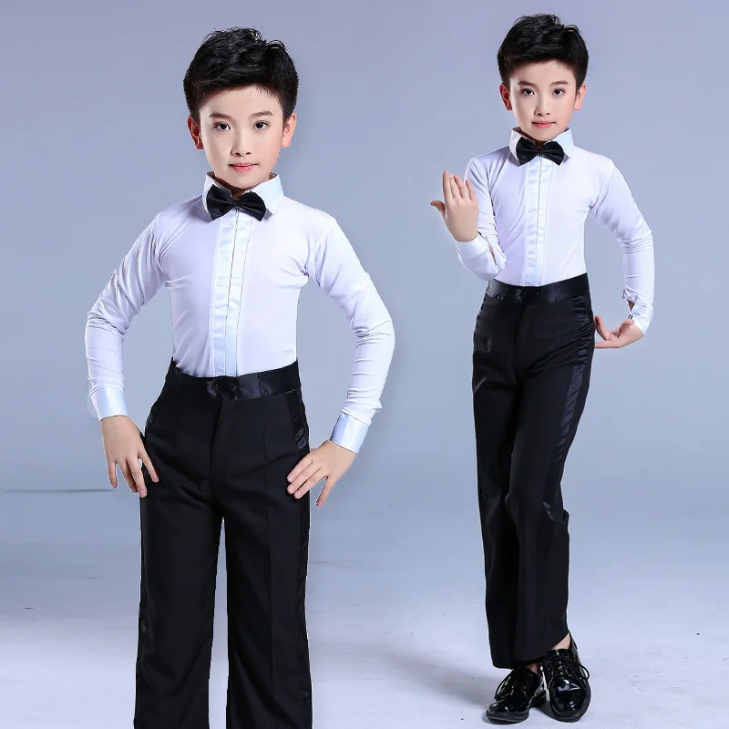 1세트/로트 라틴 댄스 의상 블랙 화이트 리본 탑과 바지 소년용 볼룸 차차 탱고 무대 공연 의상 어린이용