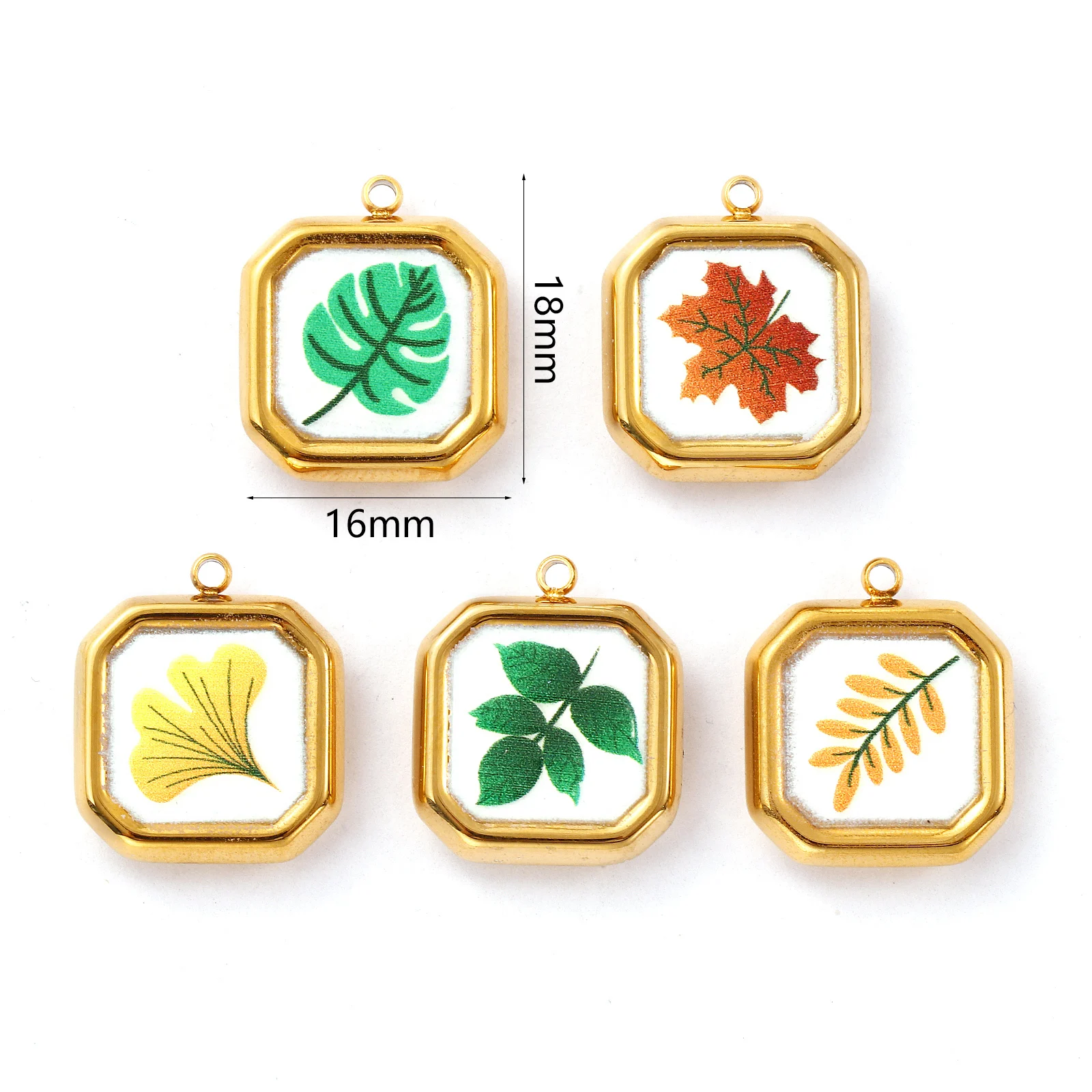 2 PCs 304 Stainless Steel Charms 18K Gold Plated Enamel Octagon Leaf Pendants For DIY Necklace Jewelry Making 18mm x 16mm