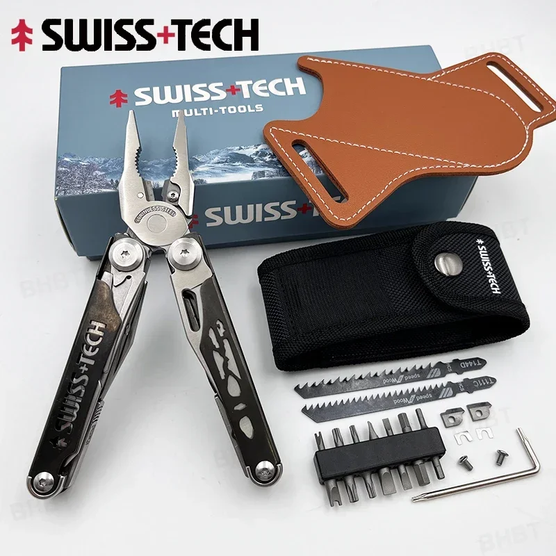 SWISS TECH 37 In 1 Multitool Pliers EDC Folding Multi Tool Scissors Replaceable Saw Blade Outdoor Survival Tool with Sheath Case