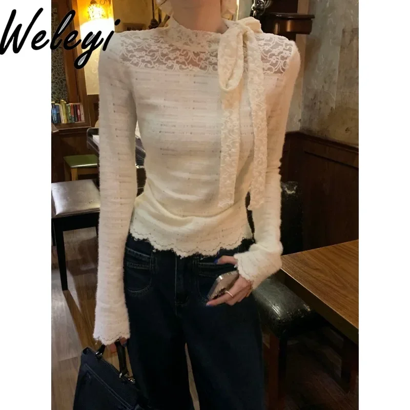 

Lace Crochet Semi-turtleneck Bow Strap Knitted Shirt Female Spring and Autumn New Women's Lace-up Long Sleeve Bottoming Top