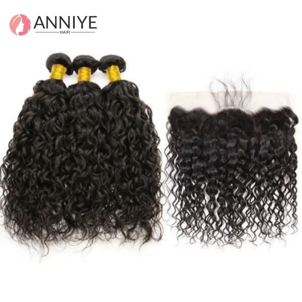 

Water Wave 3 Bundles With 13x4 Lace Frontal Hair Natural Color Hair Extensions 100% Human Hair Weave Bundles With Closure ANNIYE