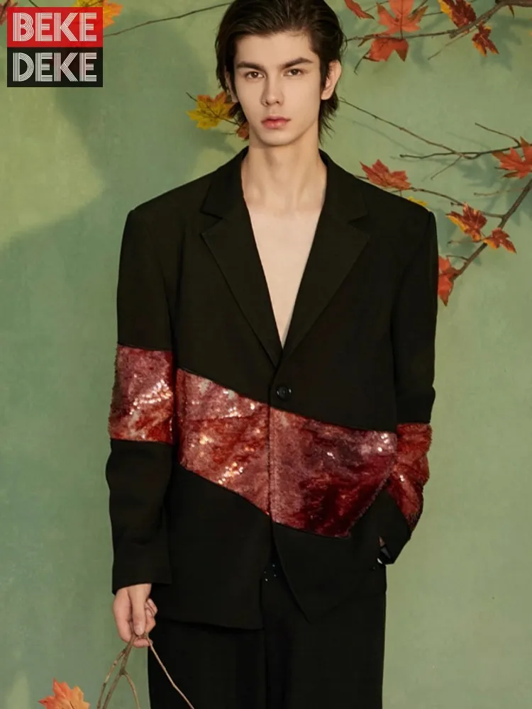 

Mens Fashion New Chinese Style Patchwork Blazers Loose Fit Suit Collar Jacket Single Button Business Casual Coat Chic Outerwear