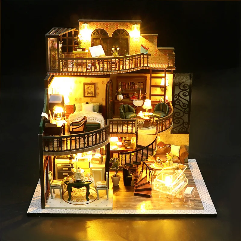 Diorama Wooden Doll House European-style Assembled Cottage Model DIY Handmade 3D Puzzle Assembly Dollhouse Building Model Kits