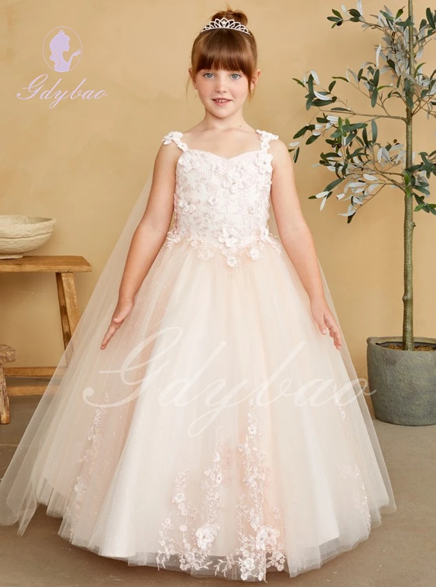 

Pink Lace Flower Girl Dress For Wedding Applique Puffy Short Sleeves Floor Length Princess Pageant Kids Birthday Ball Gown