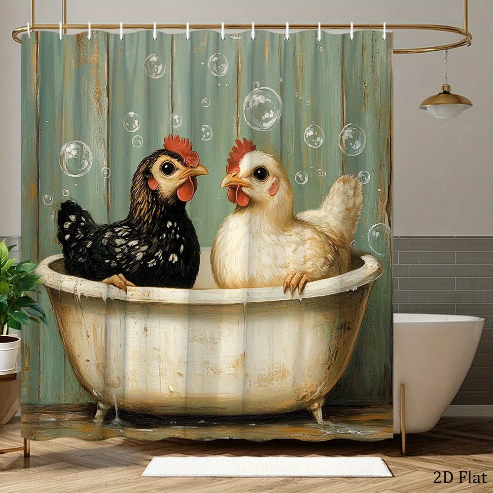 Whimsical Farmhouse Chicken Shower Curtain with 12 Hooks - Black & White Rooster Design, Vintage Clawfoot Tub & Bubbles Pattern,