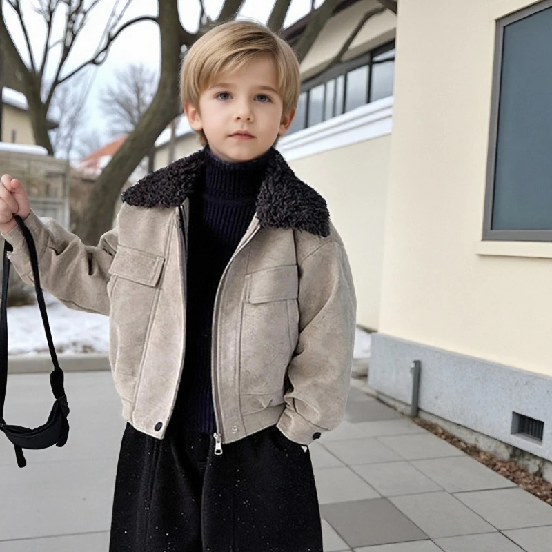 

Зимняя куртка для мальчиков, модное короткое замшевое пальто с большими лацканами, флисовая подкладка, толстая теплая ветрозащитная верхняя одежда для детей-подростков, новогодняя одежда