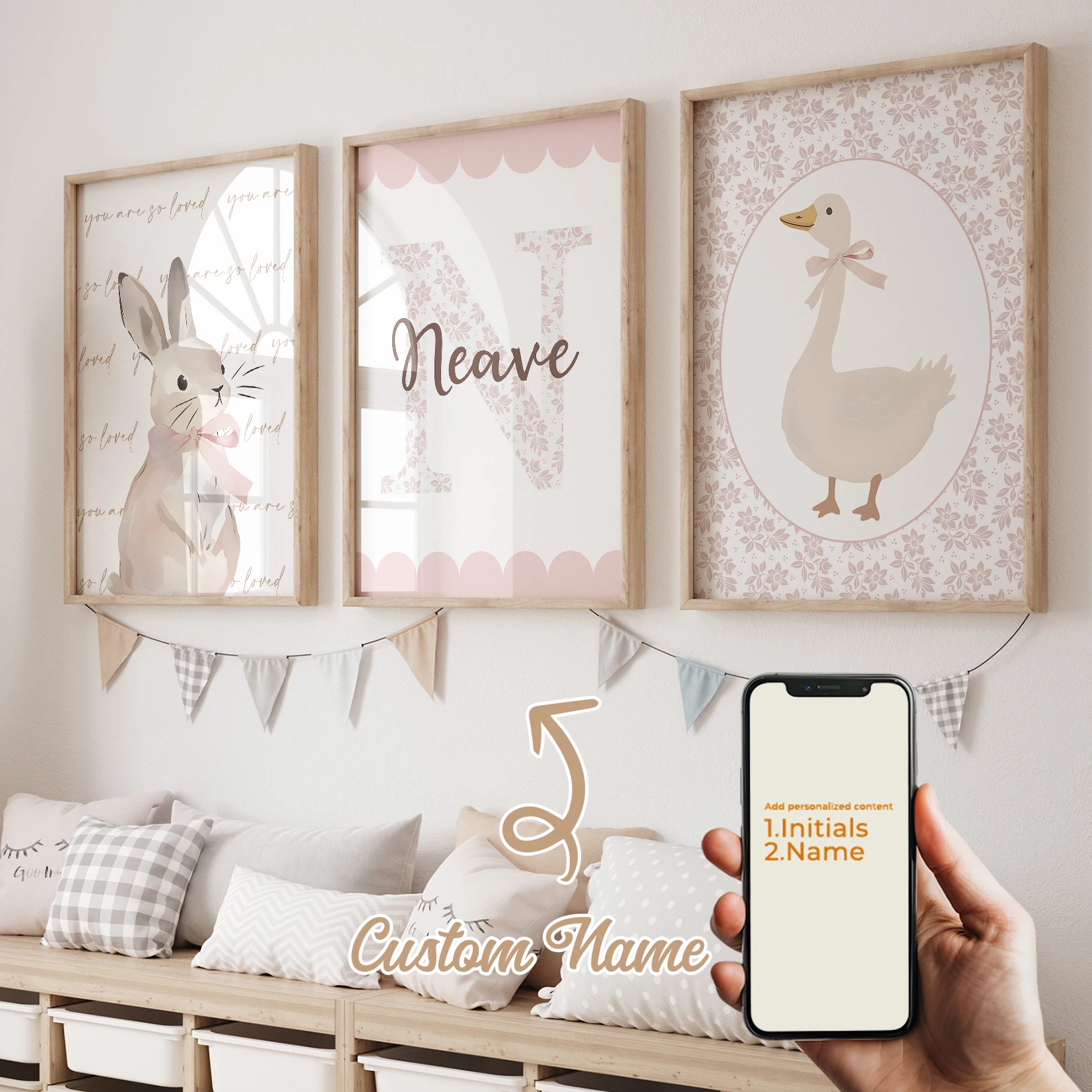3-teiliges Personalisiertes Wandbild mit Cartoon-Tiermotiven (Hase, Gans) - Leinwanddruck Poster für Wohnzimmer-Dekoration
