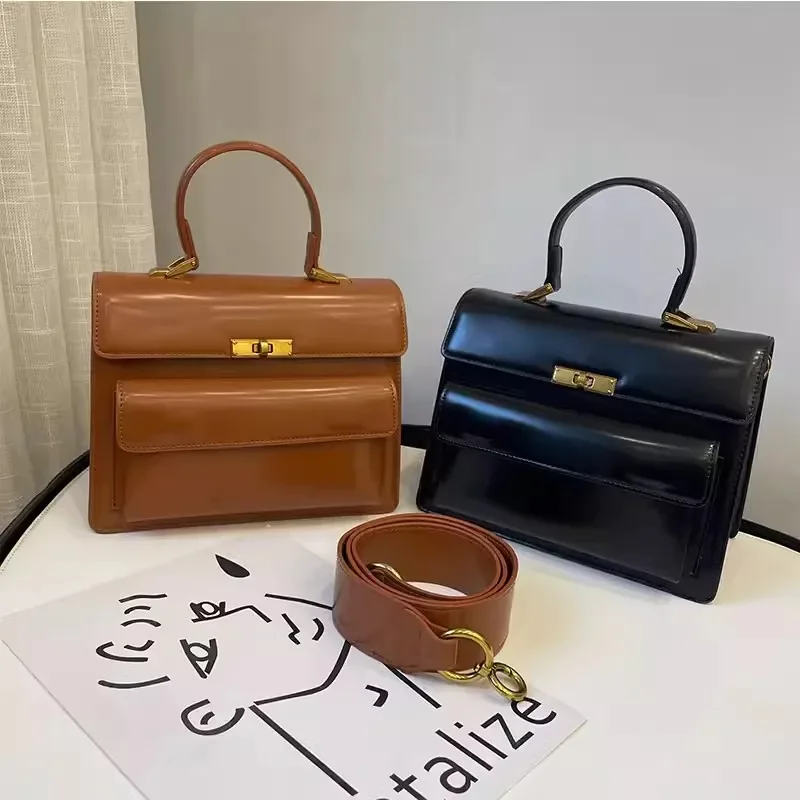 Fashion New Women\'s Bag Patent Leather Shiny Surface Handbag Casual Solid Color Shoulder Bag Wide Shoulder Strap Crossbody Bags