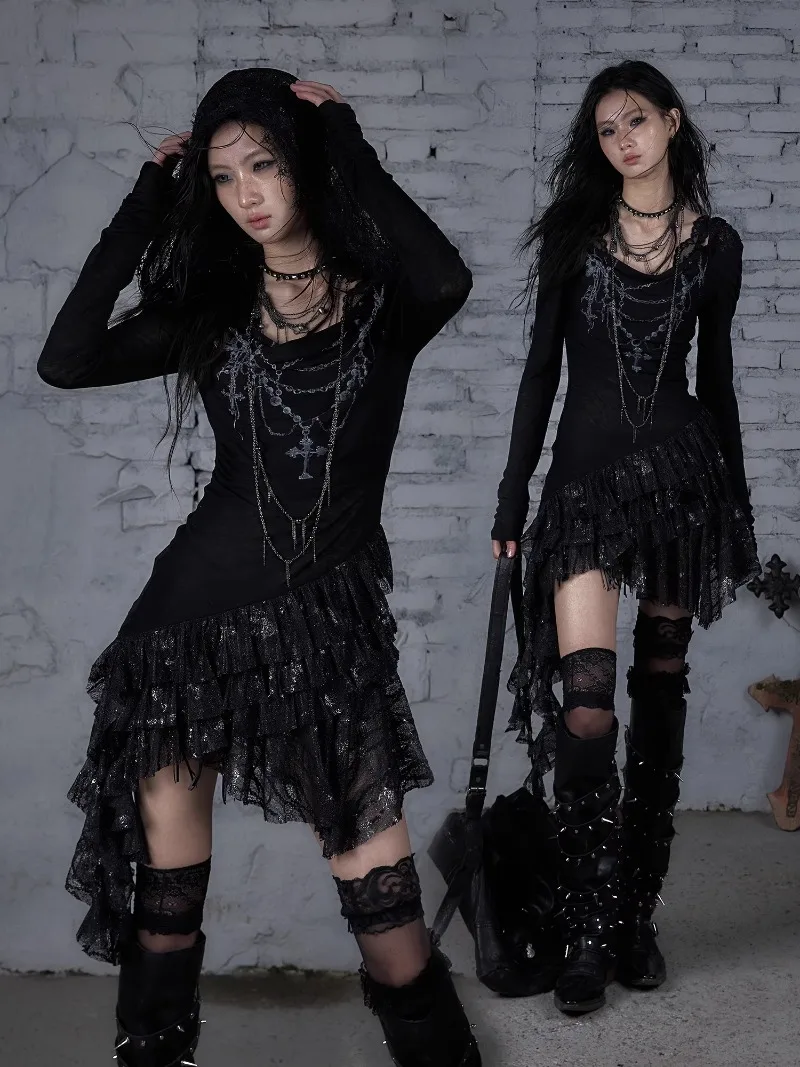 Dream Pure Punk Versatile Print Semi-transparent Lace Knitted Long Sleeved Hooded Dress Women's Clothes Black Slimming Vestidos