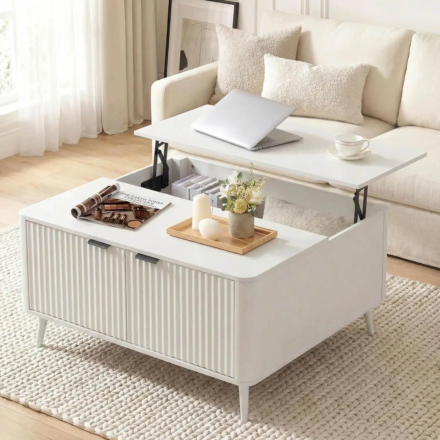 

Lift Top Coffee Table with Storage 35.4" Square White Hidden Compartment Mid Century Modern Fluted Living Room, Customized