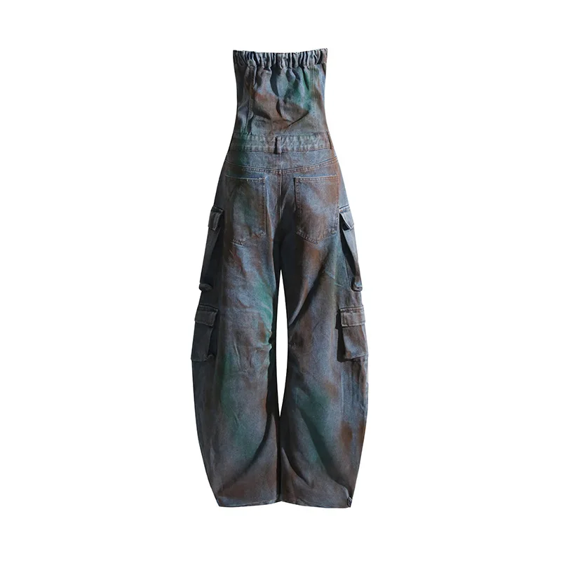 Zomer Nieuwe Mode Spray Color Denim Jumpsuit Camo Strapless Overall Sexy Spice Cargo Jumpsuit Met Zak