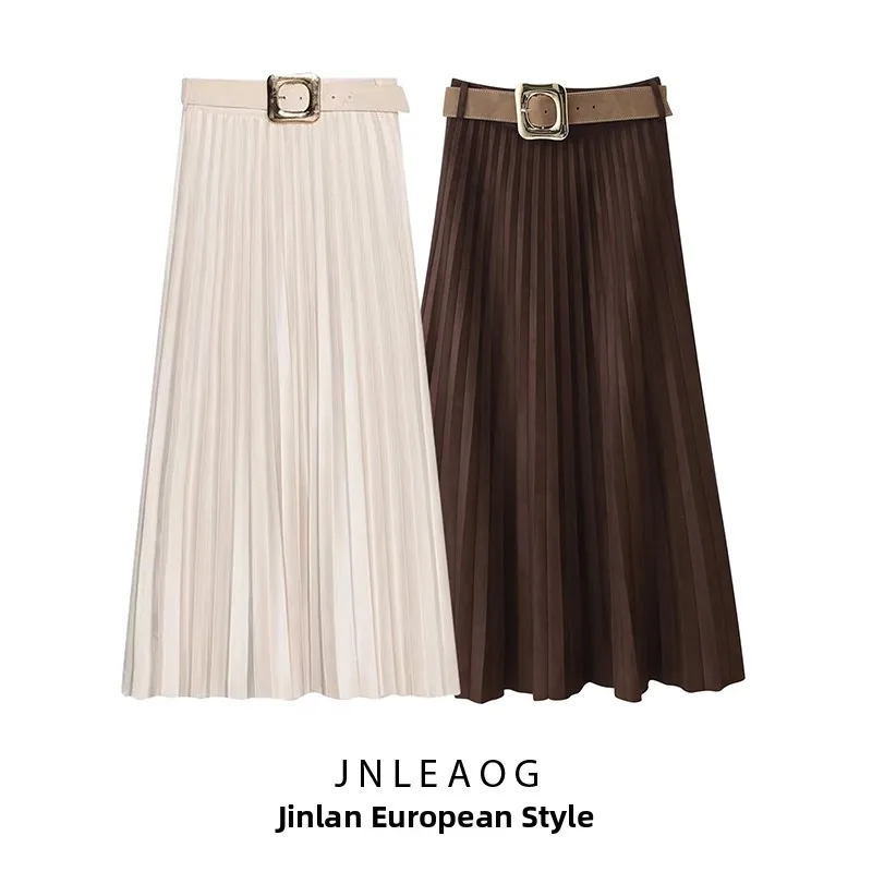 

JNLEAOG Women's High Waist Pleated Skirt Velvet Effect Belted Autumn New Sle Casual American Sle Polyester Fiber