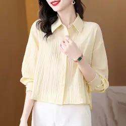 Temperament Long Sleeved Solid Color Summer Women's Polo Collar Pleated Thin Cotton Hem Loose Single Row Multi Button Shirt Tops