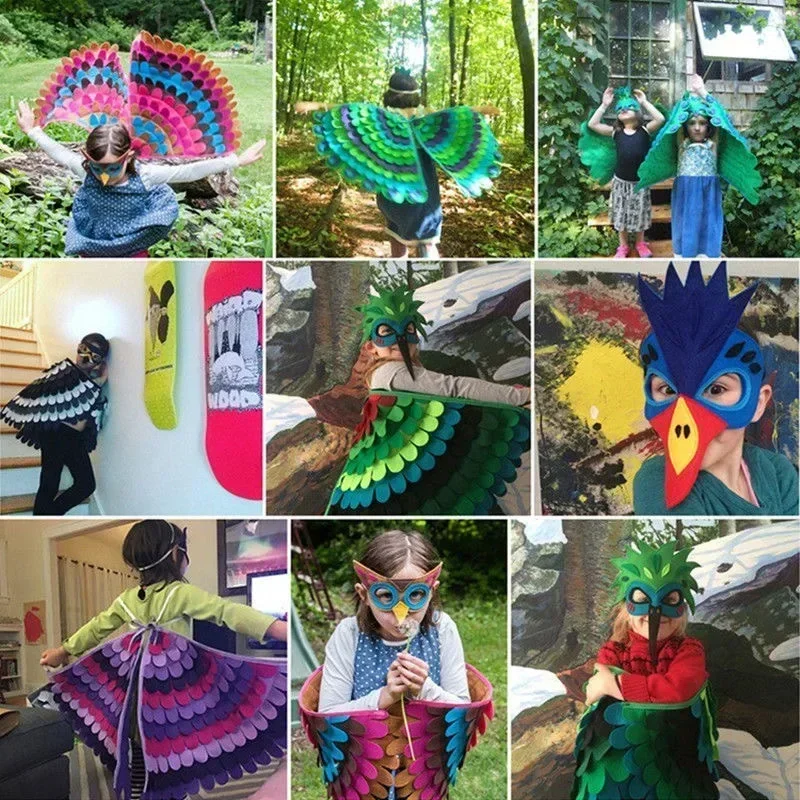 Kids Animal Bird Wings+mask Suit Stage Performance Peacock Owl Parrot Bird Felt Cape Halloween Bird Cosplay Cloak for Girls Boys