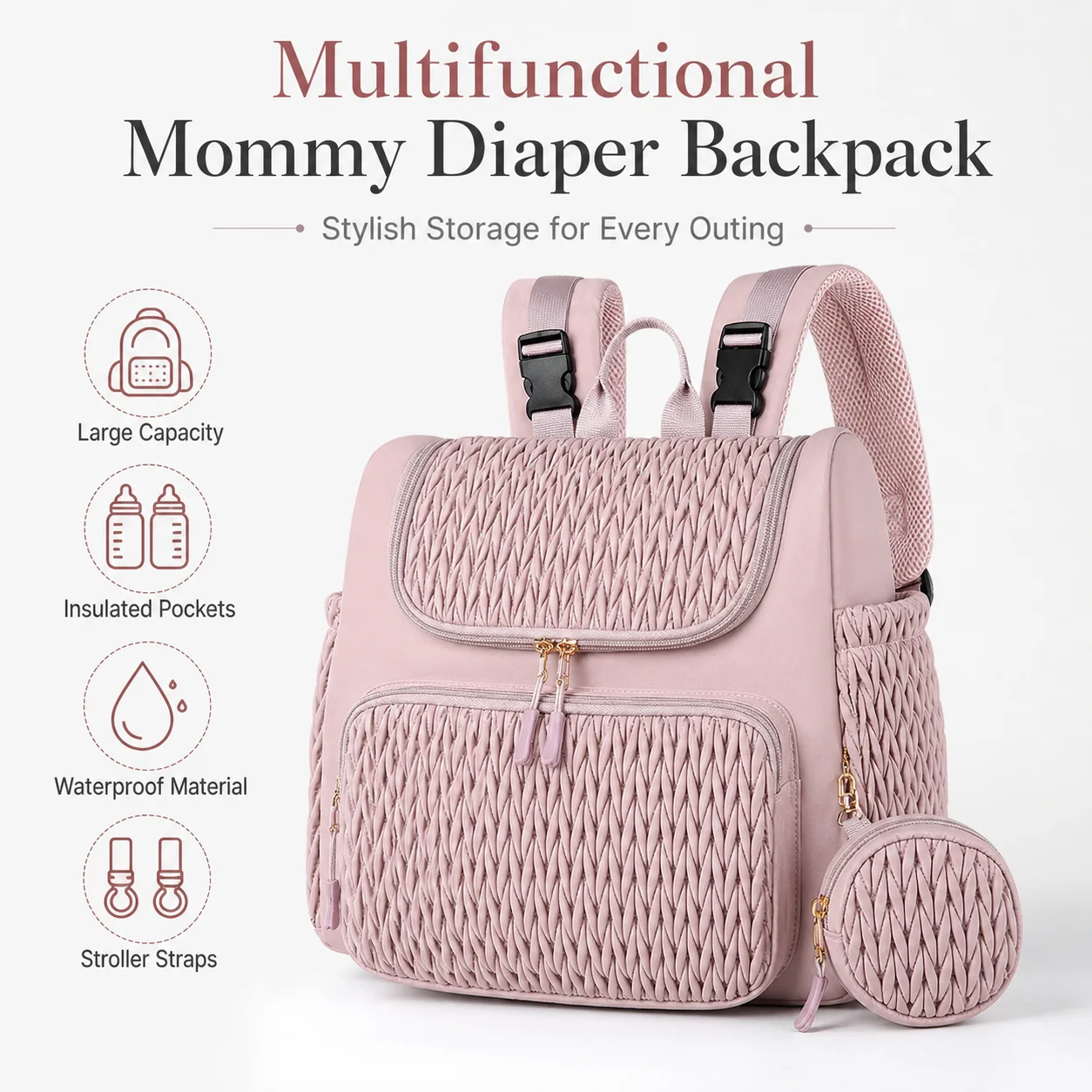 

Multifunctional Mommy Diaper Backpack with Insulated Bottle Pockets, Wet/Dry Compartments, Stroller Strap, Waterproof Travel Bag