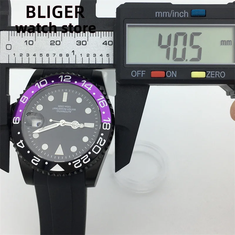 BLIGER NH35 PT5000 MIYOTA Black Purple/Blue Purple Insert Automatic Men\'s Watch 40mm Black case Rubber bracelet Date Sapphire