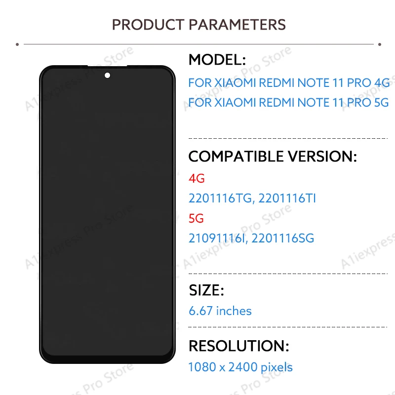 LCD Display Screen For Xiaomi Redmi Note 11 Pro 4G 5G Touch Screen Digitizer Assembly 2201116TG 2201116TI 21091116I 2201116SG image 2