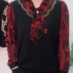 2024 Spring Style Women's Clothing with Ribbons Mom's New Style Middle-aged and Elderly Long Sleeved Fashion All-match Tops