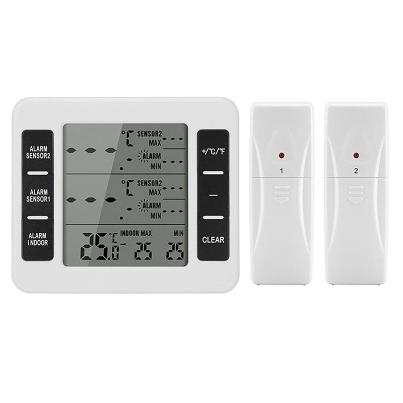 

1Set Freezer Thermometer 2 Remote Sensors Alarm White Low Temperature Refrigerator Thermometer Clock