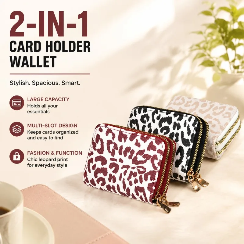 Fashion Leopard Print Accordion Card Holder Wallet for Women, Large Capacity Multi-Slot Multi-Functional 2-in-1 Card Case