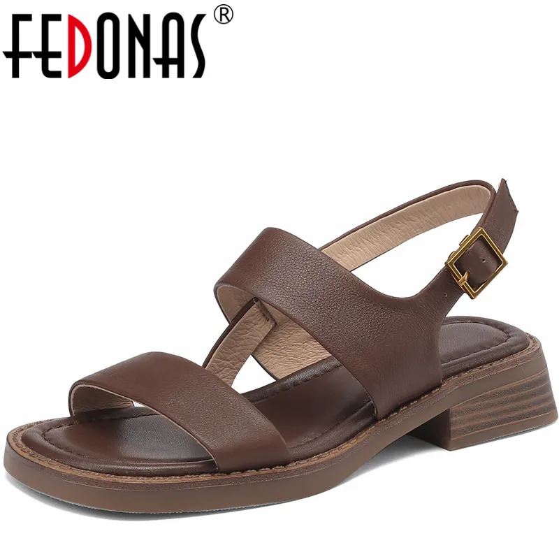 FEDONAS Leisure Concise Women Sandals Thick Heels Genuine Leather Shoes Woman Summer New Basic Casual Office Working Shoes 2024