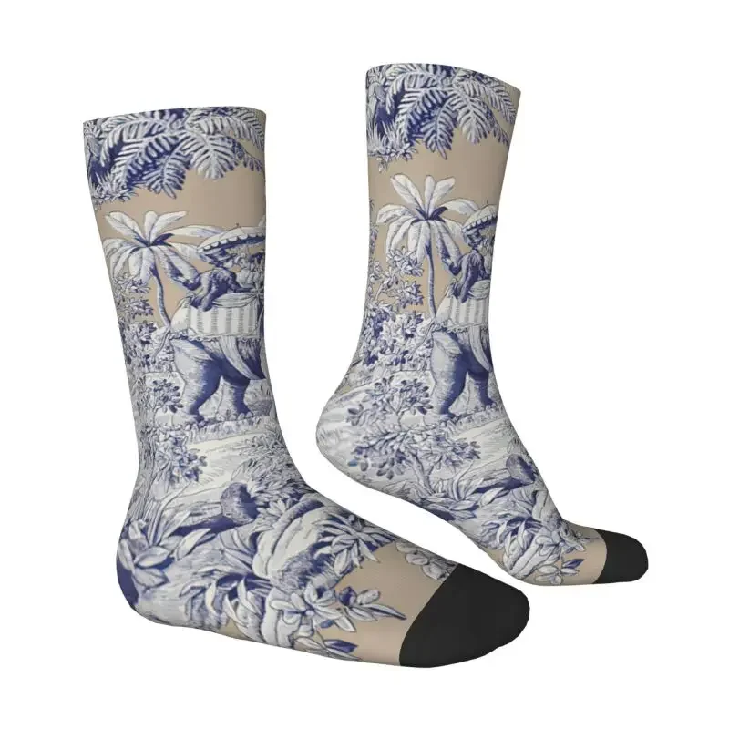 Navy Blue Toile De Jouy Elephant Motif Male Dress Sock Men's Women's Breathable Funny Novelty French Art Crew Socks