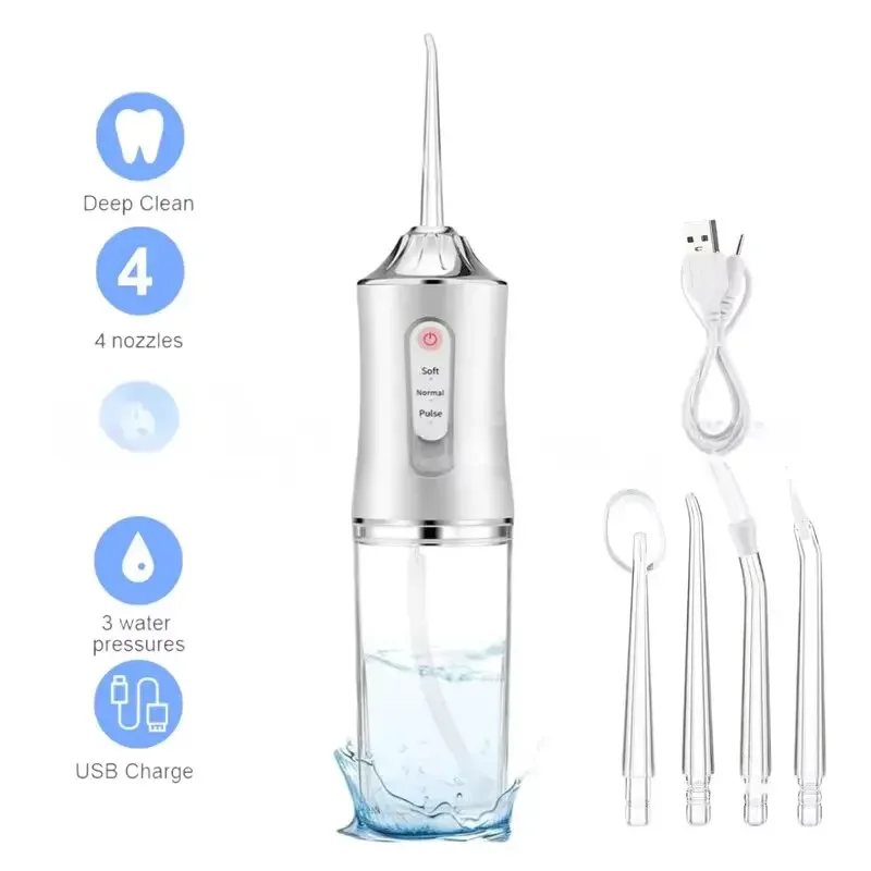 

Профессиональный ирригатор для полости рта — водяная нить на 230 мл с 4 струйными наконечниками, 3-режимный массаж десен, перезаряжаемый через USB уход за зубами
