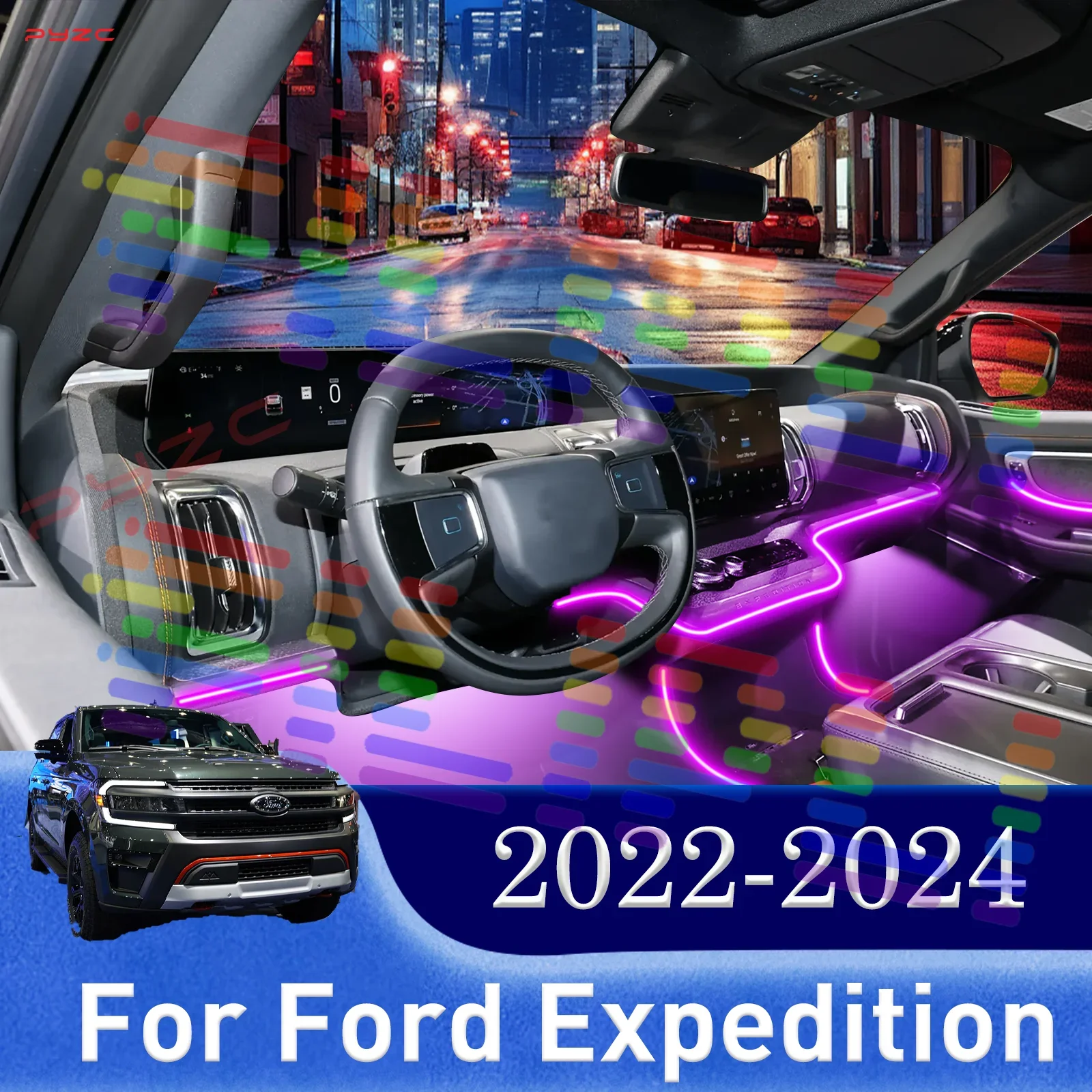 

Для Ford Expedition для салона автомобиля 2022-2024 гг., декоративная окружающая лампа RGB, 64-цветный светодиодный комплект для установки с безопасным зажимом