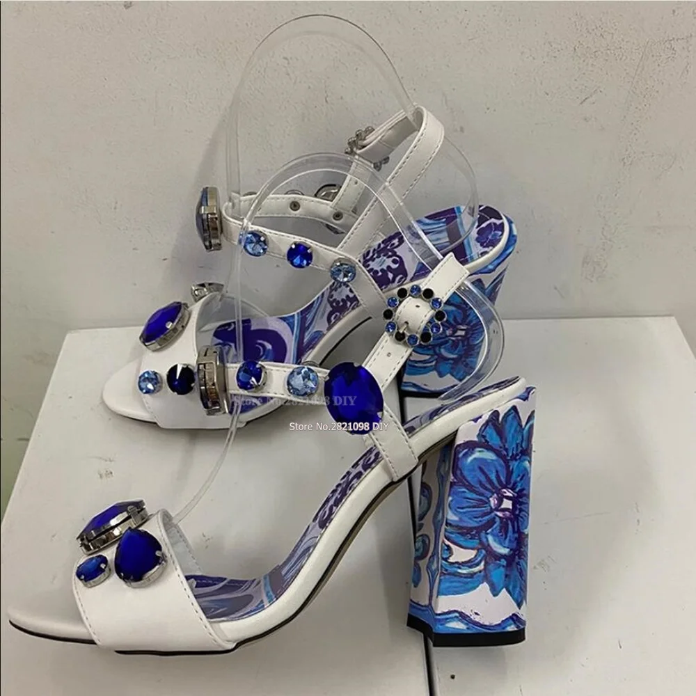 Blue Crystal Sandals Block Heeled Sandals Majolica Floral Print Watercolour Mediterranean Women High Heel Summer Shoes