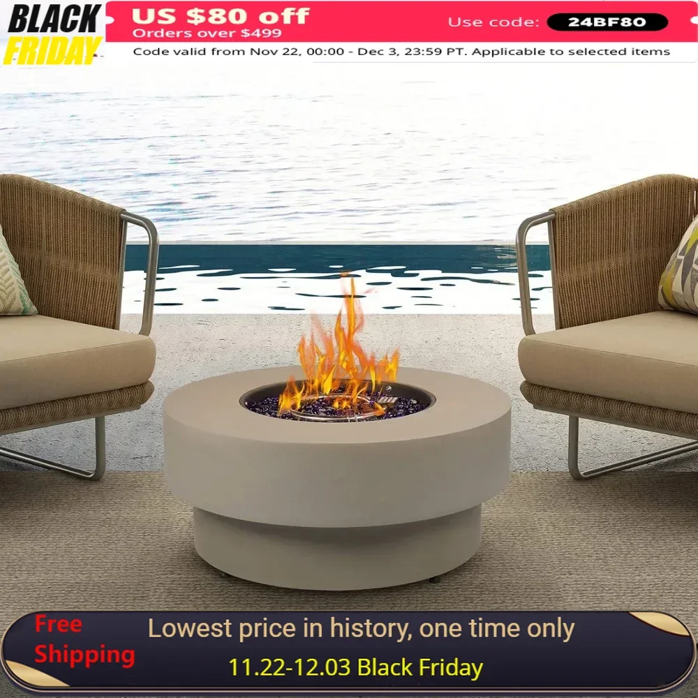 33-inch Round Fire Pit Table with Lid, Fire Glass, Heavy Duty Rain Cover, Pre-Attached 10ft Propane Hose, Patio Gas Fire Table