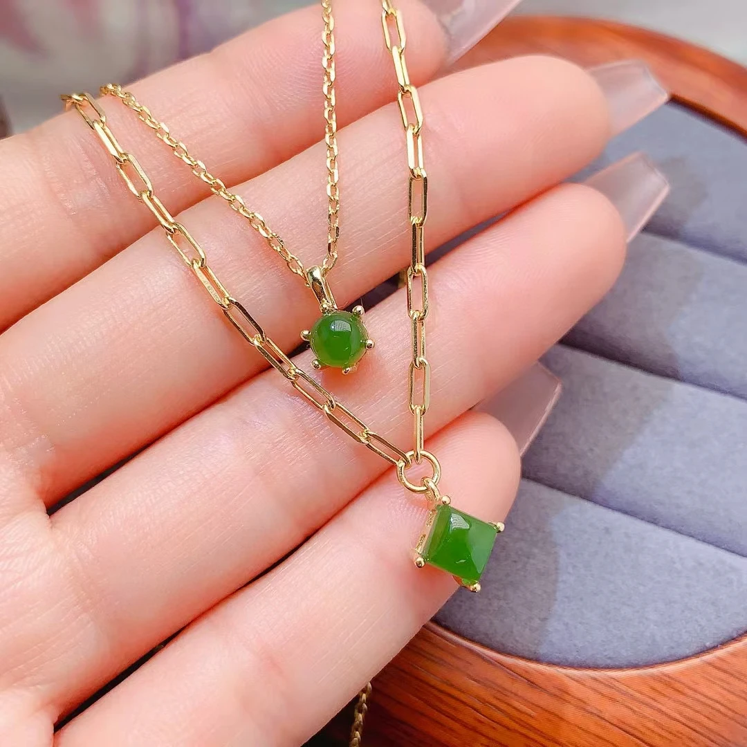 

925 Silver Green Jade Necklace for Party Allergy Free 18K Gold Plated Natural Jade Necklace Women Birthday Gift