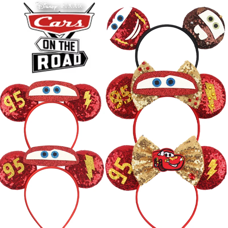 Disney Pixar Cars Ohr-Stirnbänder für Erwachsene, Lightning McQueen Haarband, Autos auf der Straße, Mater-Kopfbedeckung, Damen-Haarschmuck mit Schleife