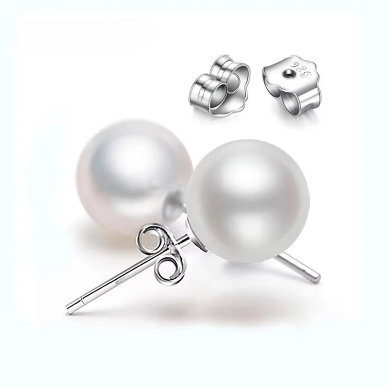 Real 925 Sterling Silver 6/8/10MM Pearl Stud Earrings for Women Party Classic Fine Jewelry Minimalist Accessories