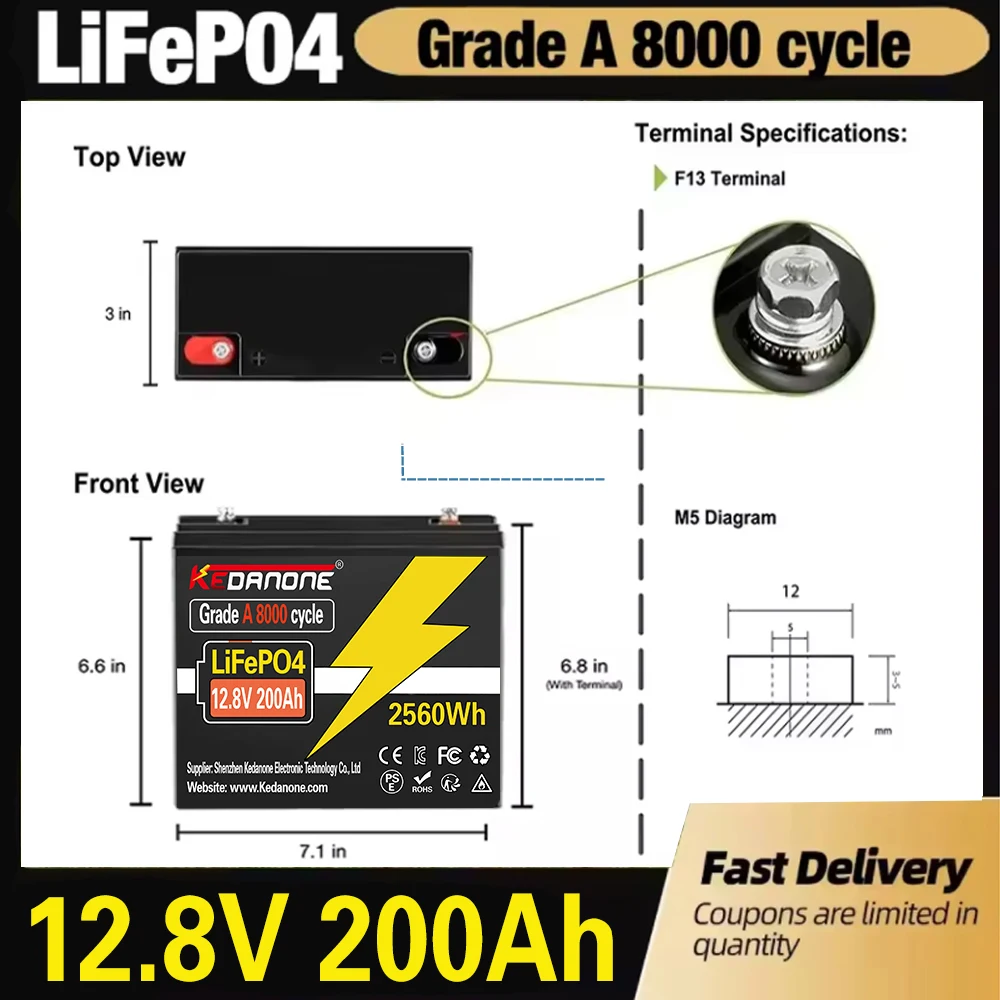 🎁12.8V 200AH LiFePO4 Battery Built-in 120A BMS RV Rechargeable Lithium Iron Phosphate, Solar Marine Overland Off-Grid Battery