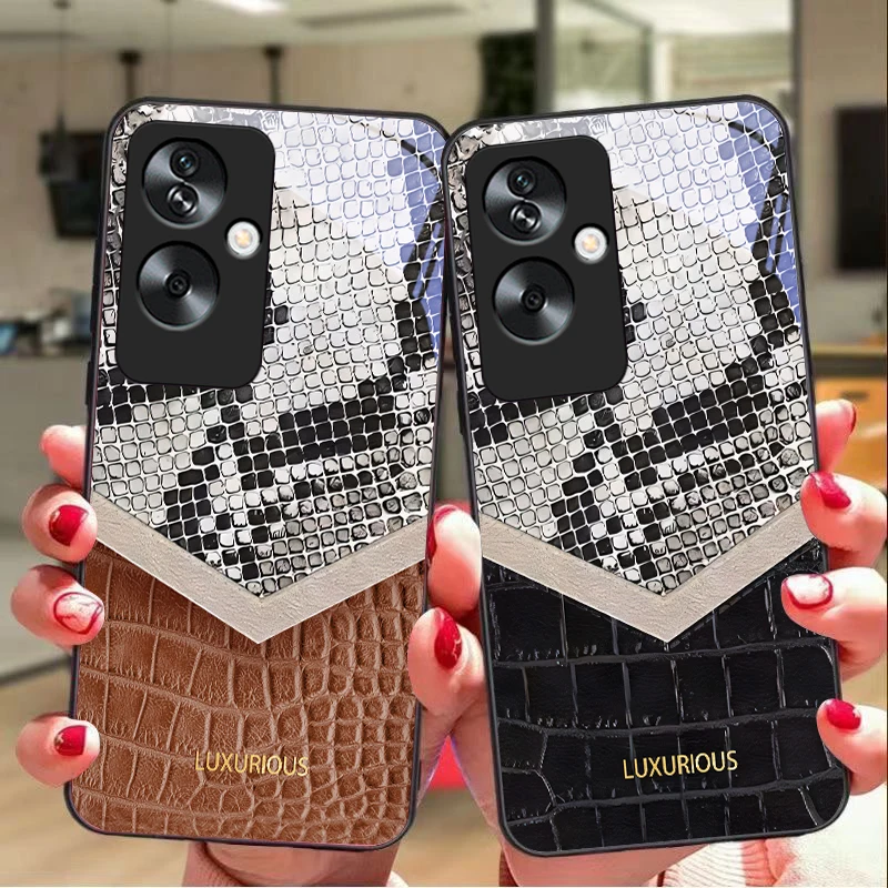 Snake skin pattern For Oppo A79 5G 58 78 74 60 4G Reno 11F Realme GT 6 11 Note 50 10 C55 X2 Tempered glass black phone case