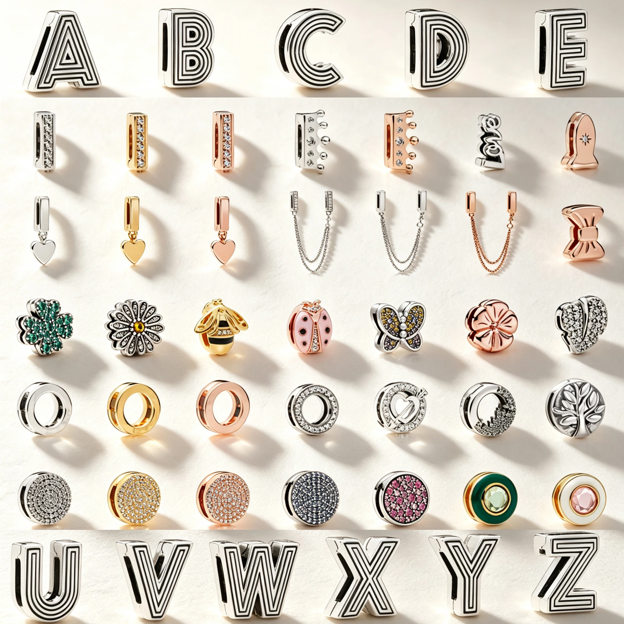S925 Silver Letters, Hearts, Flowers, Insect Circular Spacing Positioning Beads, Mesh Bracelet Pendant DIY Jewelry Accessories