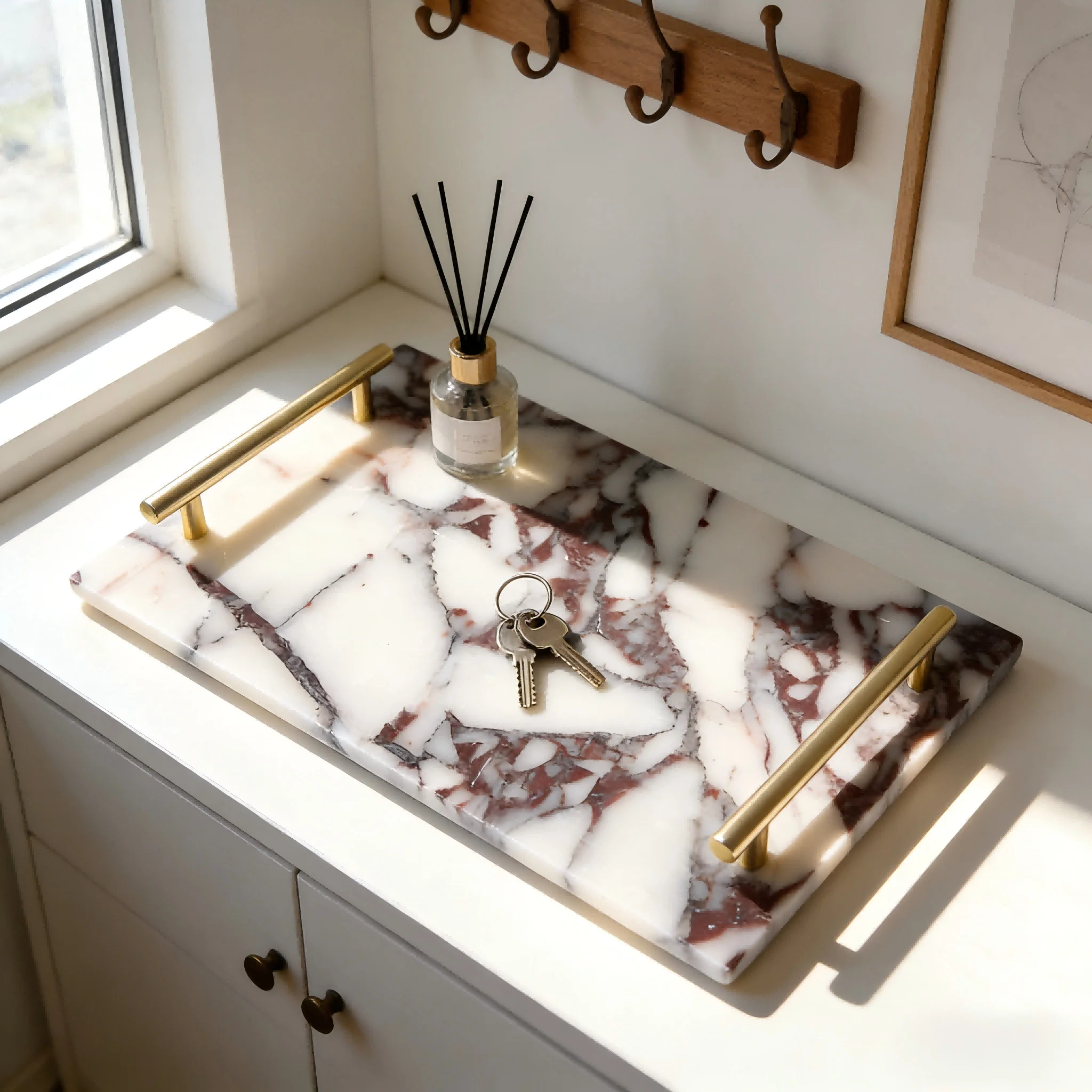 Calacatta Viola Marble Bathroom Tray, Elegant Vanity Natural Stone Tray Countertop Organizer for Guest Towels, Napkins, Jewelry