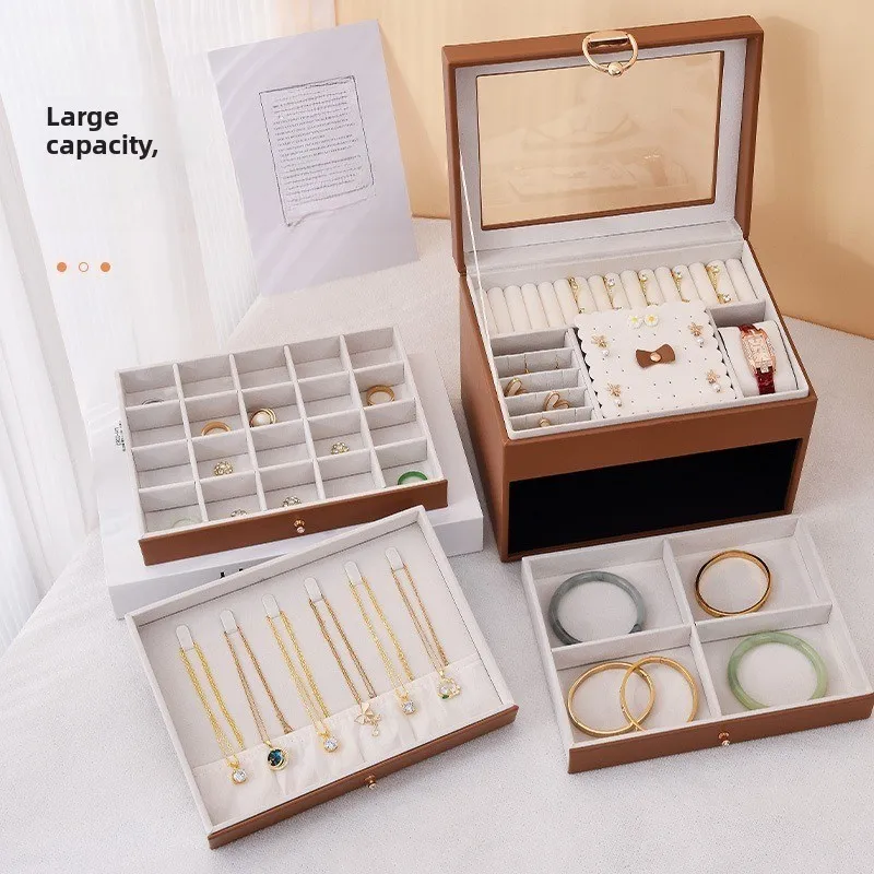 4-Tier Large Capacity PU Jewelry Box with Clear Window Multi Use Organizer for Necklace Earring Bracelet Ring Watch Storage Case