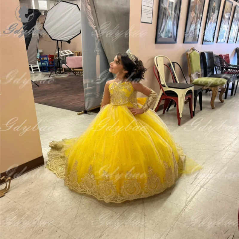 فستان بناتي أنيق أصفر فاتح بأكمام طويلة من الدانتيل من التول فستان سهرة مخصص لحفلات الأطفال