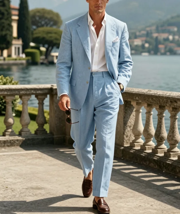 Vintage Mens Beige Linen 2 Piece Suit Single Breasted Formal Evening Wedding Party Lightweight Summer Holiday Customized