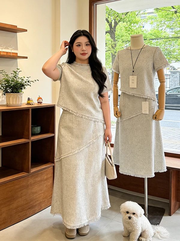 plus Size Summer New round Neck Short Sleeve T-Shirt And Lace Half Skirt Set Grey Color Korean Style Loose Fit Fashion Set