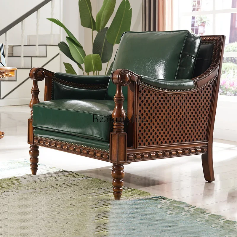 

LAmerican solid wood sofa simple modern leather set small apartment European three people