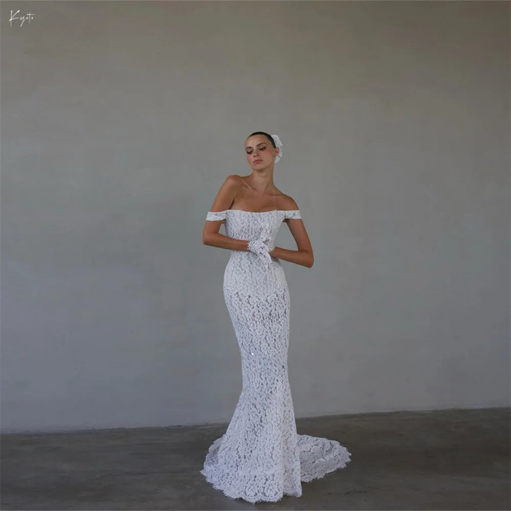 

Kyoto индивидуальное простое белое кружевное свадебное платье с открытыми плечами без рукавов с русалкой estidos de noche со шлейфом Formal 2025