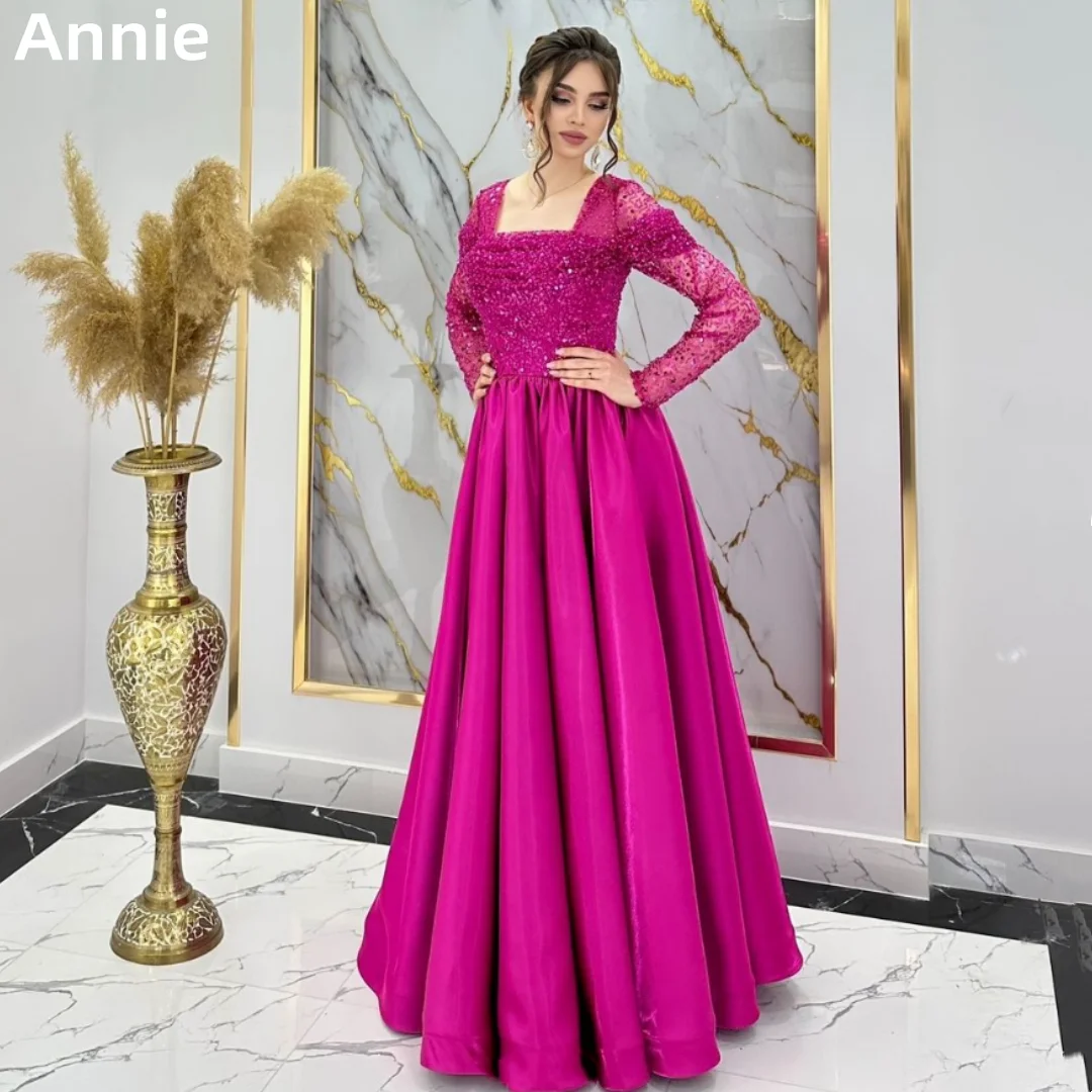 

Annie Hot Pink Prom Dresses Luxurious Sequined Long Sleeves Elegant Evening Dresses Formal Wedding Party Dress Vestidos De Noche