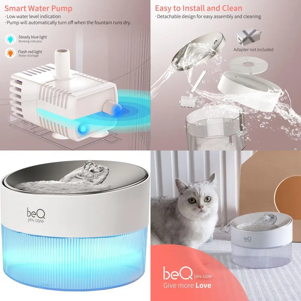 

Фонтан для кошек, 2,5 л/84 унций внутри, ультра-тихий автоматический диспенсер для воды из нержавеющей стали для домашних животных, без BPA, видимый уровень воды, с