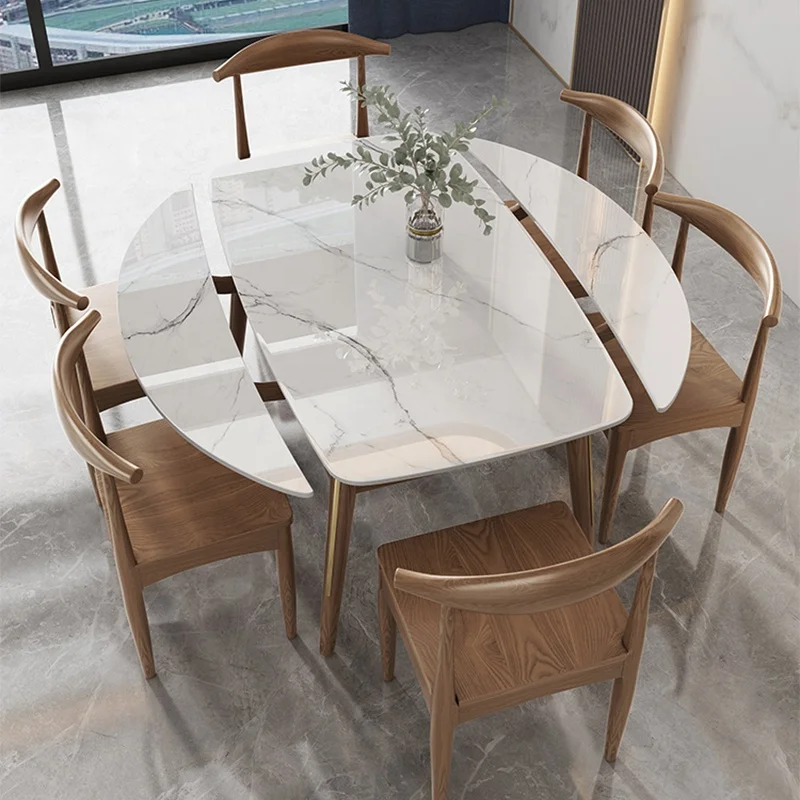 Dining Table Set 6 Seater Solid Wood Feet Table Extendable Folding Marble Modern Dining Table